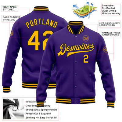 Custom Purple Gold=Black Bomber Full-Snap Varsity Letterman Jacket