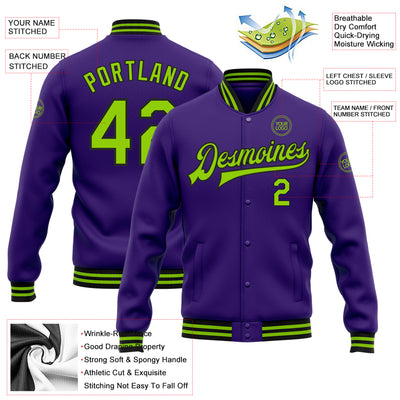 Custom Purple Neon Green-Black Bomber Full-Snap Varsity Letterman Jacket