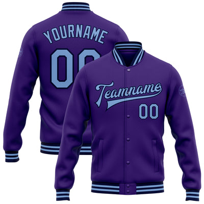 Custom Purple Light Blue-Navy Bomber Full-Snap Varsity Letterman Jacket