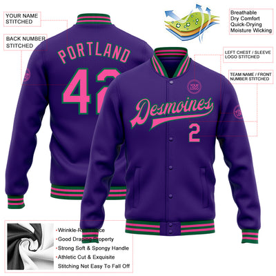 Custom Purple Pink-Kelly Green Bomber Full-Snap Varsity Letterman Jacket