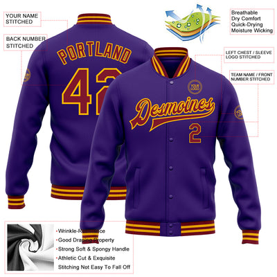 Custom Purple Crimson-Gold Bomber Full-Snap Varsity Letterman Jacket