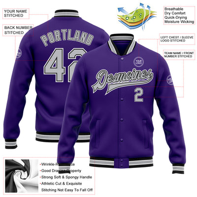 Custom Purple Gray-Black Bomber Full-Snap Varsity Letterman Jacket