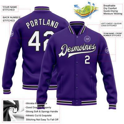 Custom Purple White-Black Bomber Full-Snap Varsity Letterman Jacket