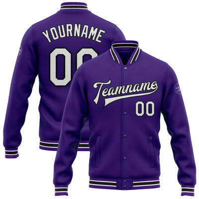 Custom Purple White-Black Bomber Full-Snap Varsity Letterman Jacket