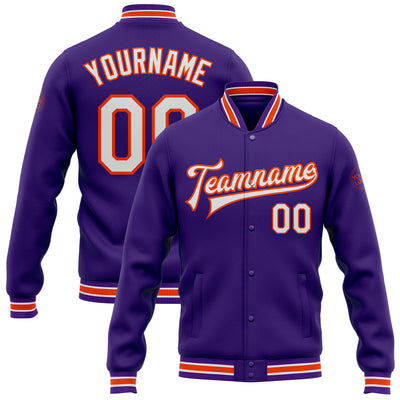 Custom Purple White-Orange Bomber Full-Snap Varsity Letterman Jacket