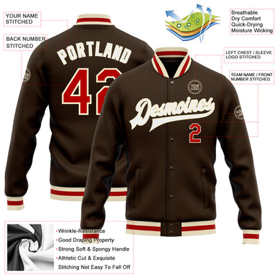 Custom Brown Red-Cream Bomber Full-Snap Varsity Letterman Jacket