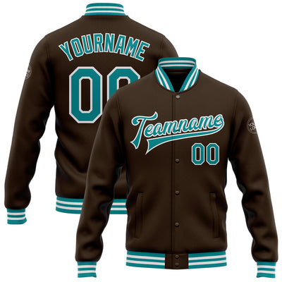 Custom Brown Teal-White Bomber Full-Snap Varsity Letterman Jacket