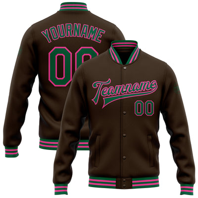 Custom Brown Kelly Green-Pink Bomber Full-Snap Varsity Letterman Jacket