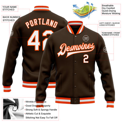 Custom Brown White-Orange Bomber Full-Snap Varsity Letterman Jacket