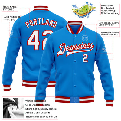 Custom Powder Blue White-Red Bomber Full-Snap Varsity Letterman Jacket