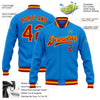 Custom Powder Blue Red-Gold Bomber Full-Snap Varsity Letterman Jacket