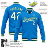 Custom Powder Blue White-Kelly Green Bomber Full-Snap Varsity Letterman Jacket