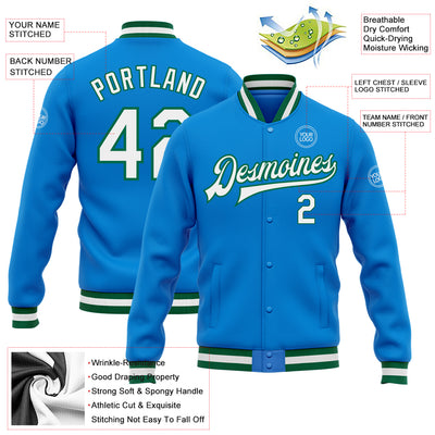 Custom Powder Blue White-Kelly Green Bomber Full-Snap Varsity Letterman Jacket