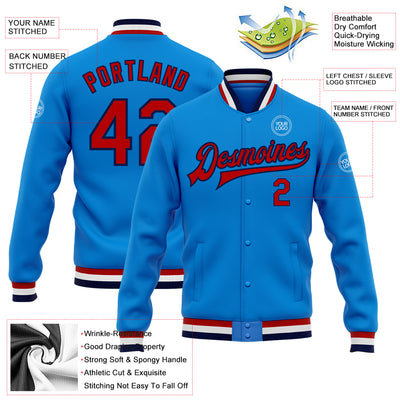 Custom Powder Blue Red-Navy Bomber Full-Snap Varsity Letterman Jacket