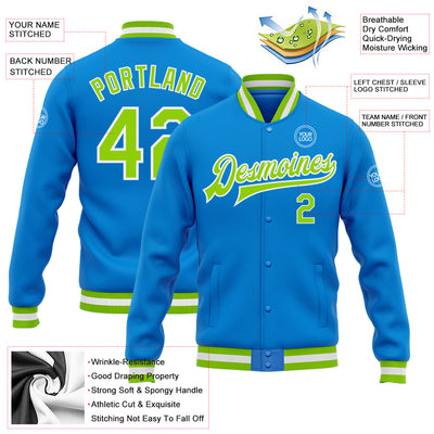 Custom Powder Blue Neon Green-White Bomber Full-Snap Varsity Letterman Jacket