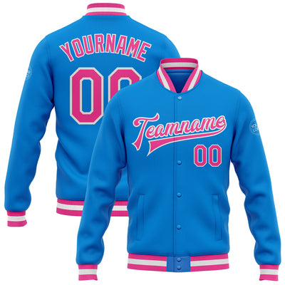 Custom Powder Blue Pink-White Bomber Full-Snap Varsity Letterman Jacket