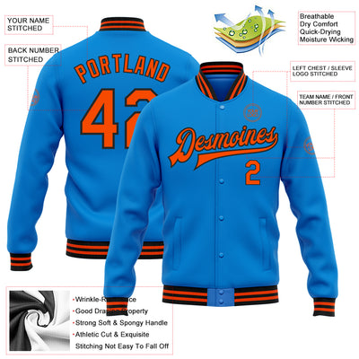 Custom Powder Blue Orange-Black Bomber Full-Snap Varsity Letterman Jacket