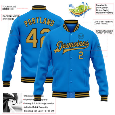 Custom Powder Blue Old Gold-Black Bomber Full-Snap Varsity Letterman Jacket