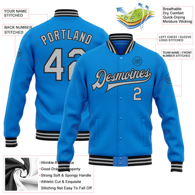 Custom Powder Blue Gray-Black Bomber Full-Snap Varsity Letterman Jacket