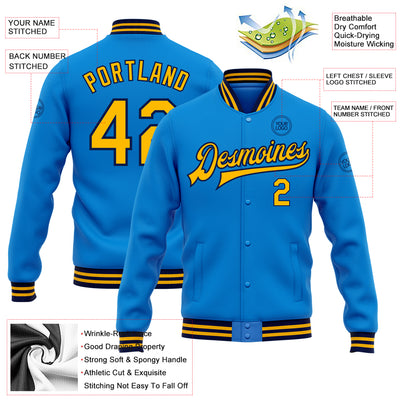 Custom Powder Blue Gold-Navy Bomber Full-Snap Varsity Letterman Jacket