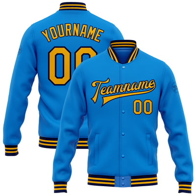 Custom Powder Blue Gold-Navy Bomber Full-Snap Varsity Letterman Jacket