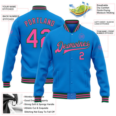 Custom Powder Blue Pink-Kelly Green Bomber Full-Snap Varsity Letterman Jacket