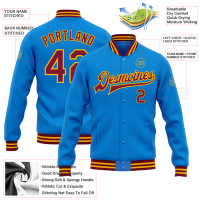 Custom Powder Blue Crimson-Gold Bomber Full-Snap Varsity Letterman Jacket