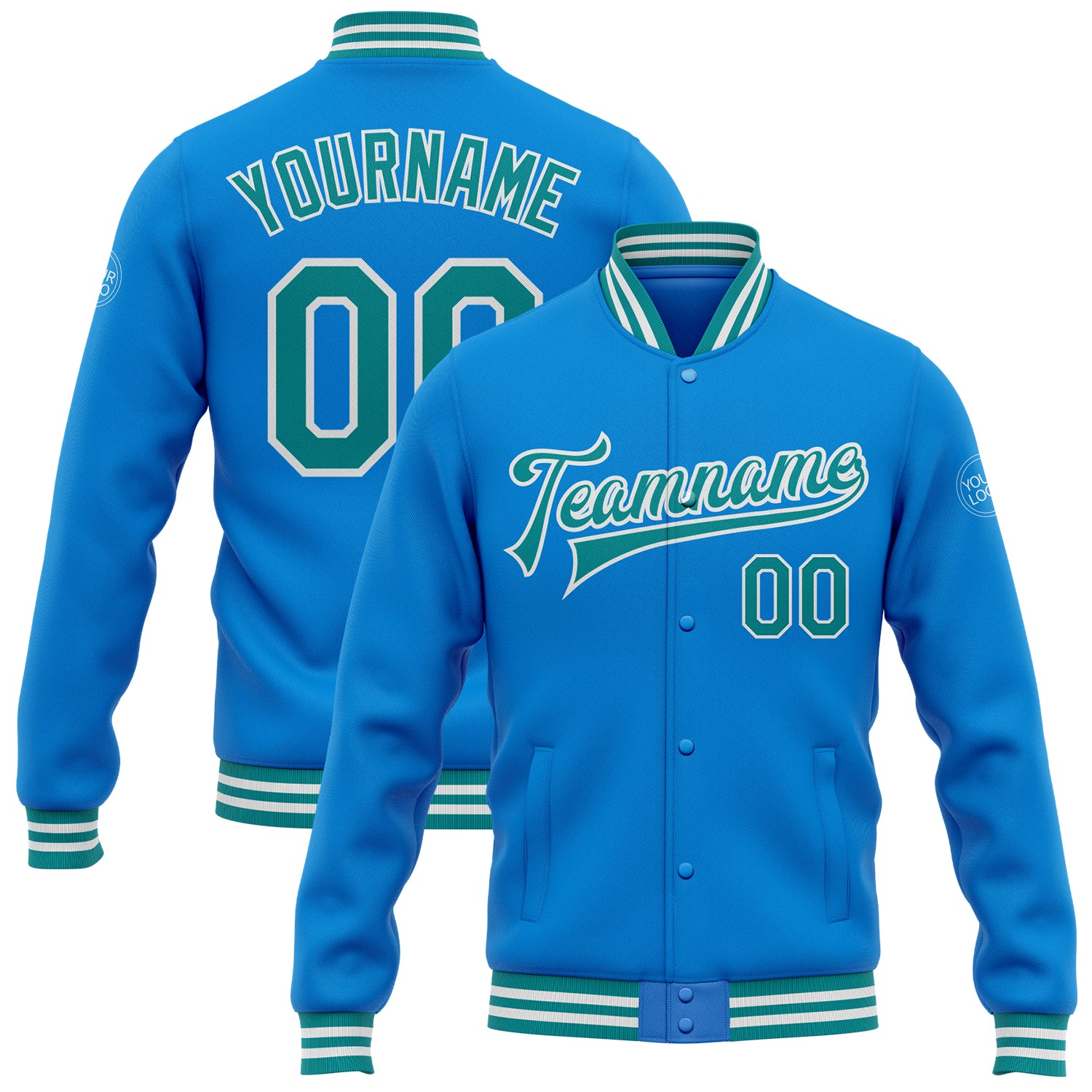 Cheap Custom Pink Teal-White Bomber Full-Snap Varsity Letterman