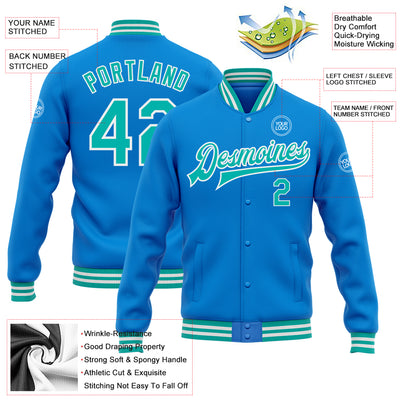 Custom Powder Blue Aqua-White Bomber Full-Snap Varsity Letterman Jacket