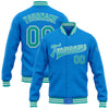 Custom Powder Blue Aqua-White Bomber Full-Snap Varsity Letterman Jacket