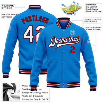 Custom Powder Blue White Navy-Red Bomber Full-Snap Varsity Letterman Jacket