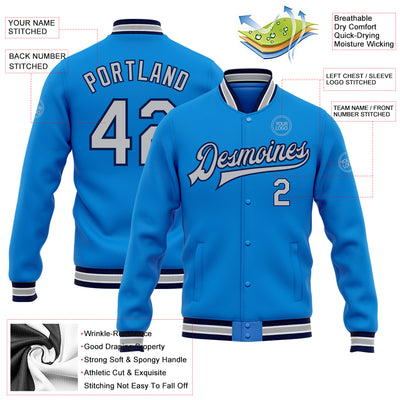 Custom Powder Blue Gray-Navy Bomber Full-Snap Varsity Letterman Jacket