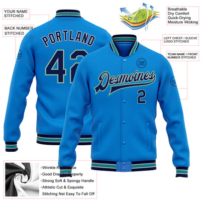 Custom Powder Blue Navy Gray-Teal Bomber Full-Snap Varsity Letterman Jacket