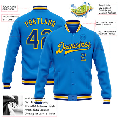 Custom Powder Blue Royal-Yellow Bomber Full-Snap Varsity Letterman Jacket