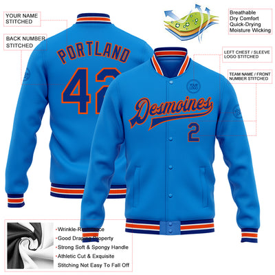 Custom Powder Blue Royal-Orange Bomber Full-Snap Varsity Letterman Jacket