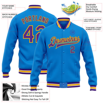 Custom Powder Blue Purple-Gold Bomber Full-Snap Varsity Letterman Jacket