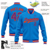 Custom Powder Blue Purple-Orange Bomber Full-Snap Varsity Letterman Jacket