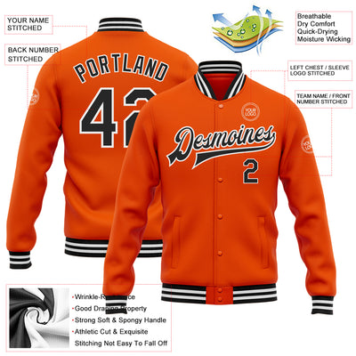 Custom Orange Black-White Bomber Full-Snap Varsity Letterman Jacket