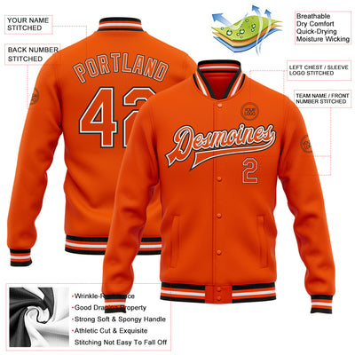 Custom Orange White-Black Bomber Full-Snap Varsity Letterman Jacket