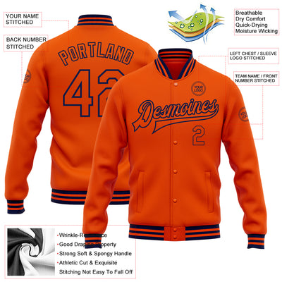 Custom Orange Navy Bomber Full-Snap Varsity Letterman Jacket