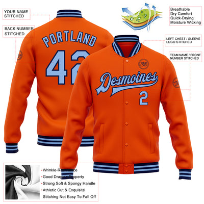 Custom Orange Light Blue-Navy Bomber Full-Snap Varsity Letterman Jacket