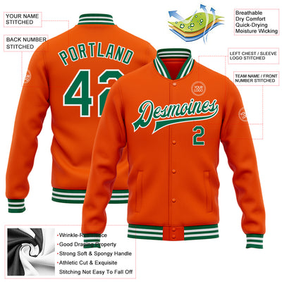 Custom Orange Kelly Green-White Bomber Full-Snap Varsity Letterman Jacket