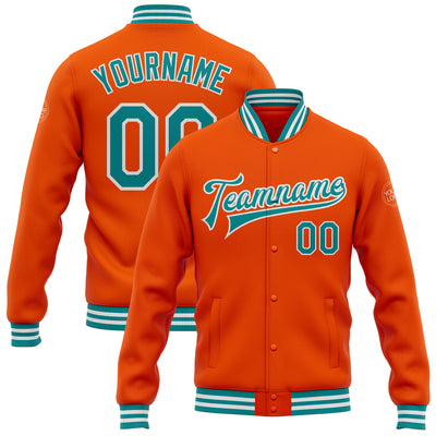 Custom Orange Teal-White Bomber Full-Snap Varsity Letterman Jacket