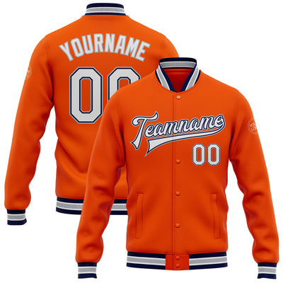 Custom Orange White Navy-Gray Bomber Full-Snap Varsity Letterman Jacket