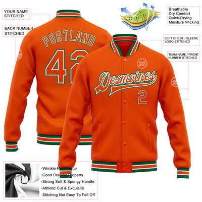 Custom Orange White-Kelly Green Bomber Full-Snap Varsity Letterman Jacket