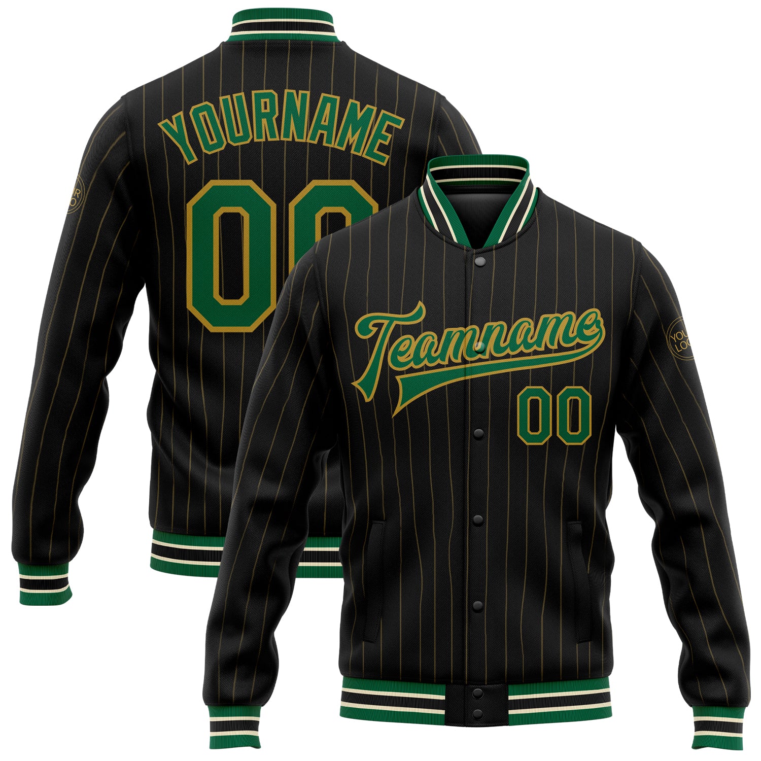 Custom Black Old Gold Pinstripe Kelly Green-Cream Bomber Full-Snap Varsity  Letterman Jacket