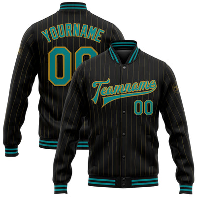 Custom Black Old Gold Pinstripe Teal Bomber Full-Snap Varsity Letterman Jacket