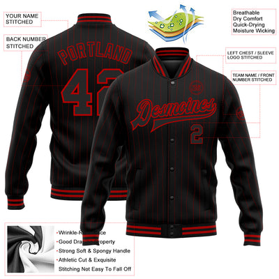 Custom Black Red Pinstripe Red Bomber Full-Snap Varsity Letterman Jacket