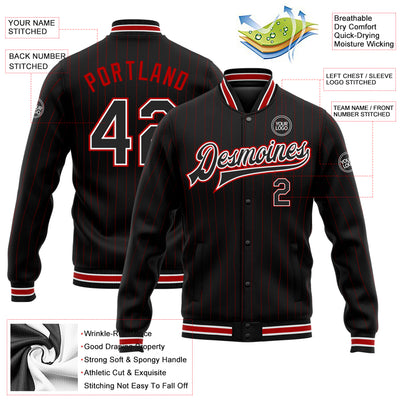 Custom Black Red Pinstripe White Bomber Full-Snap Varsity Letterman Jacket