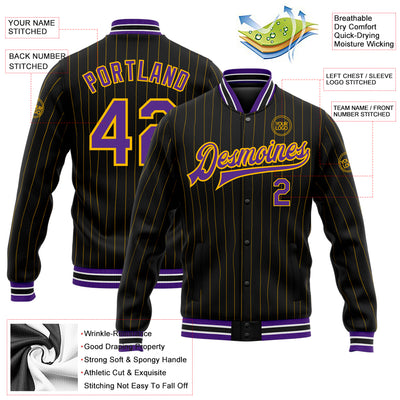 Custom Black Gold Pinstripe Purple-White Bomber Full-Snap Varsity Letterman Jacket